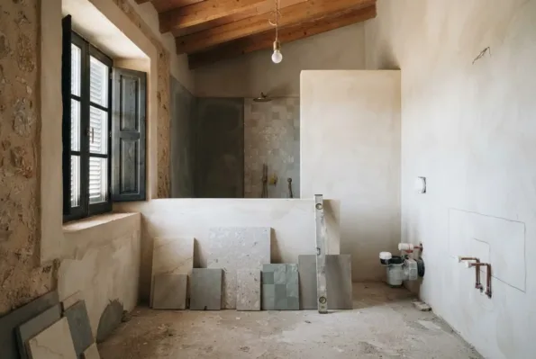 A part built bathroom has a half height partition, a tiled shower beyond it and stone samples beside marked pipe stub-outs.