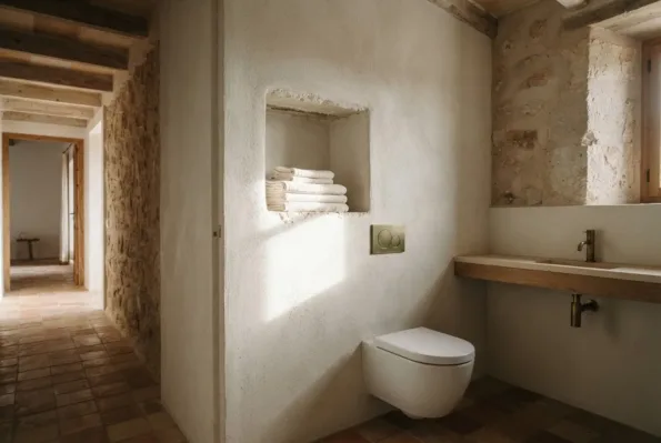 A bathroom with a wall hung WC beside a plastered niche of folded towels and a stone basin on a wood bracket.