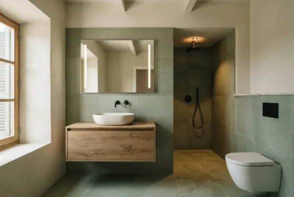 A sage green tiled walk-in shower with a linear drain sits beside a floating wood vanity and a backlit mirror.