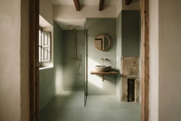 A small sage green tiled bathroom with a glass shower panel, a stone basin on a wood shelf and a round mirror above.
