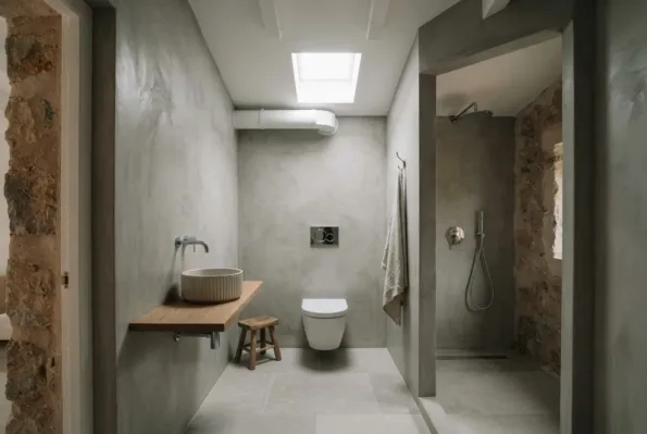 A compact grey plastered bathroom with a wall-hung WC, a ribbed basin on a timber shelf and a square skylight above.