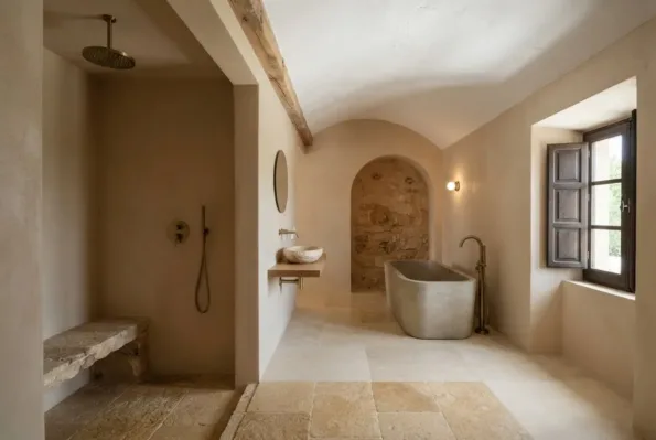 A vaulted bathroom has an open stone shower, a stone basin on a floating shelf, and a freestanding stone bath in an alcove.