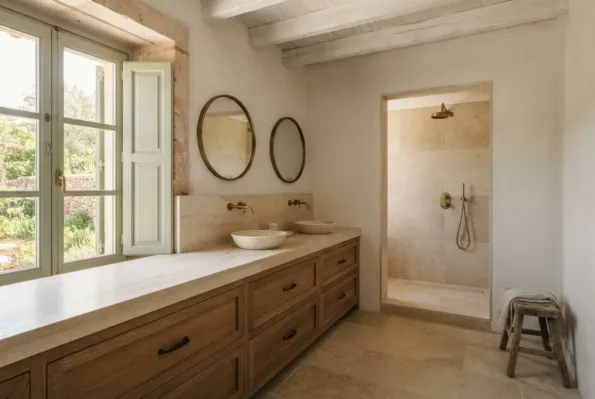 A bathroom with twin stone vessel basins on a long travertine-topped vanity, two oval mirrors and a doorless tiled shower.