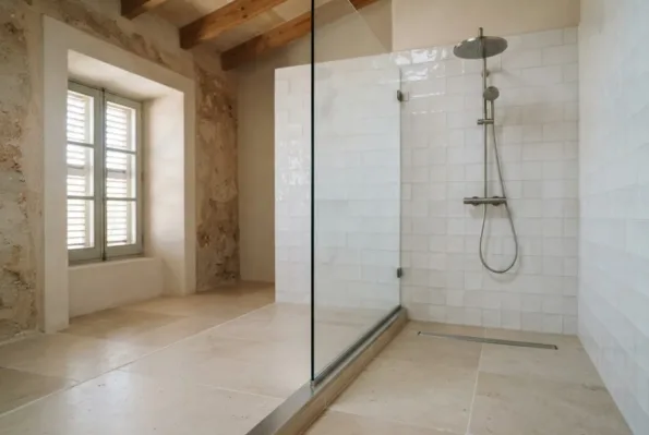 A bathroom with a frameless glass shower panel enclosing white zellige tiles and a rainfall shower head.