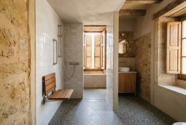 A tiled walk-in shower with a grab rail and a fold-down teak seat, opening onto a wood vanity and a shuttered window.