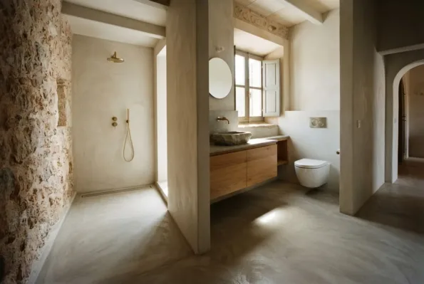 A wet room with a seamless plastered floor running into an open shower area with a brass rain head and a linear drain.