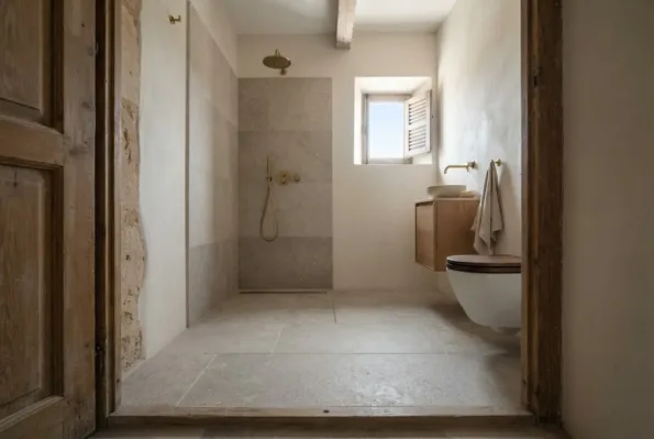 A wet room bathroom has one level stone tiled floor running from an open shower to a wall-hung WC and an oak vanity.